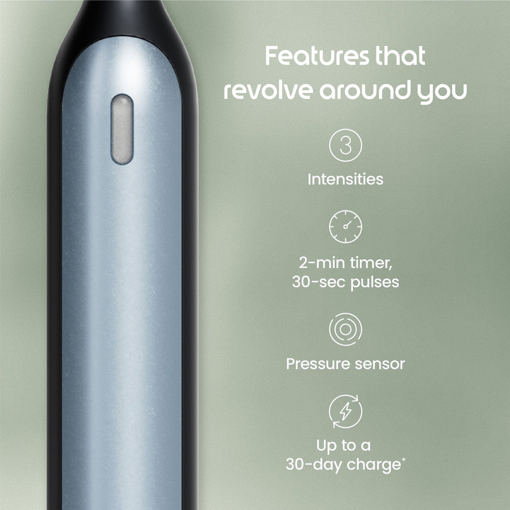 Electronic device with features listed on a green background