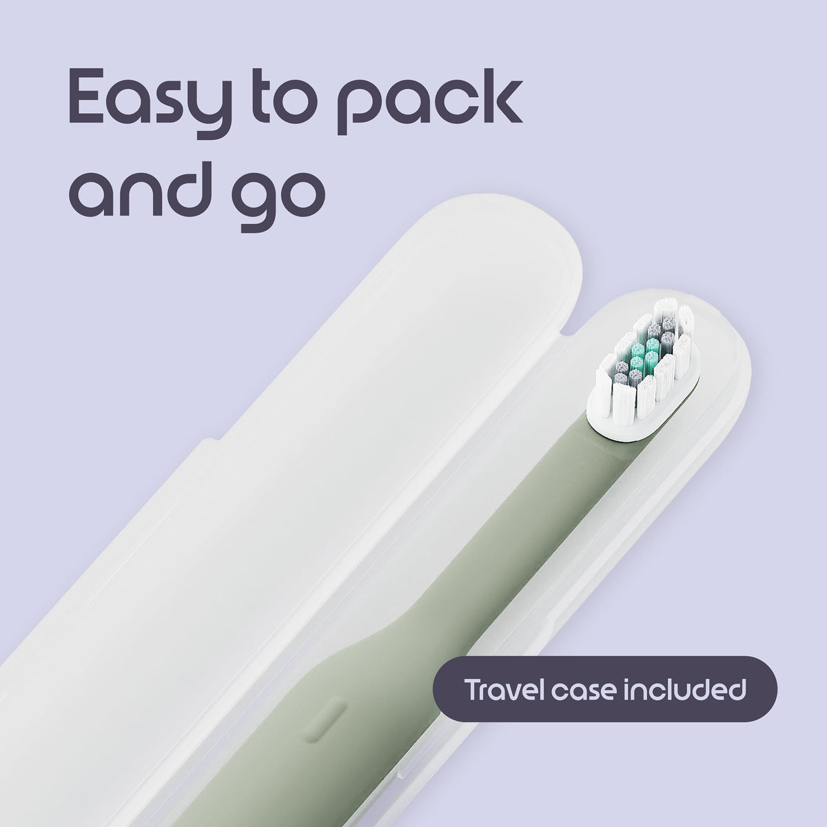 Electric toothbrush with travel case on a light purple background