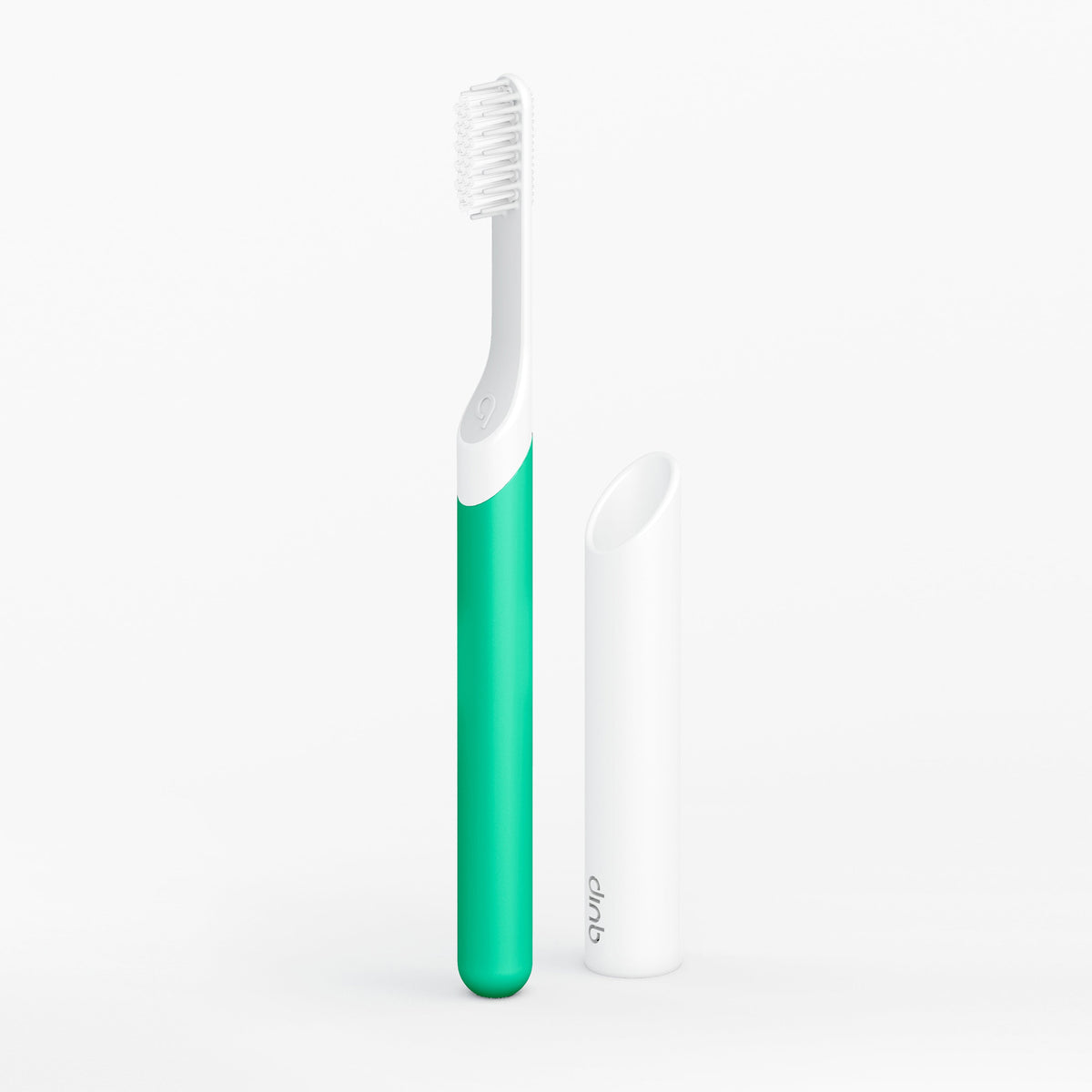 A sonic toothbrush with a green handle and white bristles, accompanied by a white travel cover.