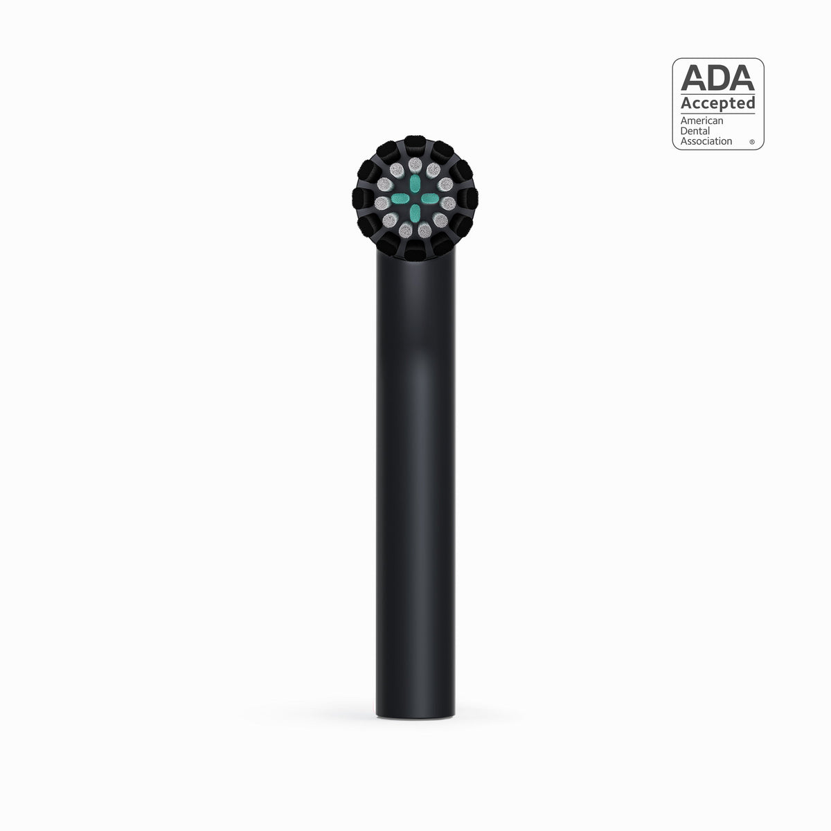 A close-up shot of a black quip Rev Brush head refill, with the ADA Accepted logo in the top right corner.