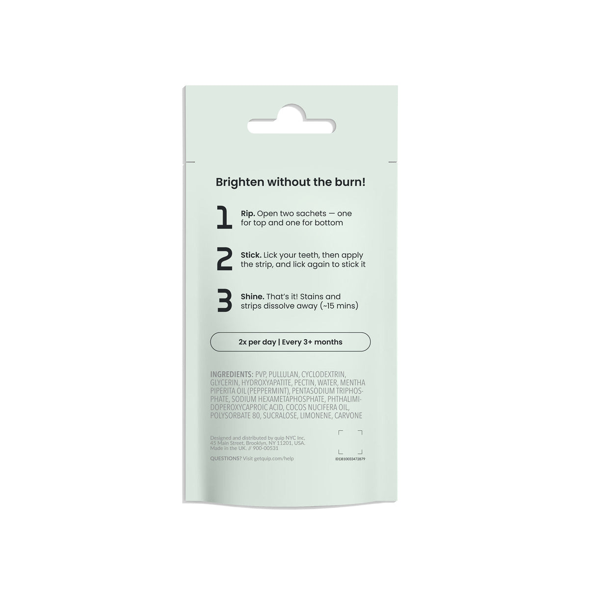 Packaging of dental strips with usage instructions on a white background