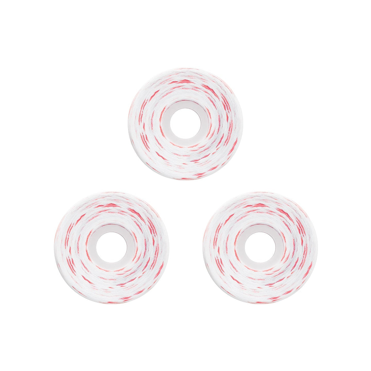 Three white skateboard wheels with red and black swirled urethane, arranged in a triangle on a white background.