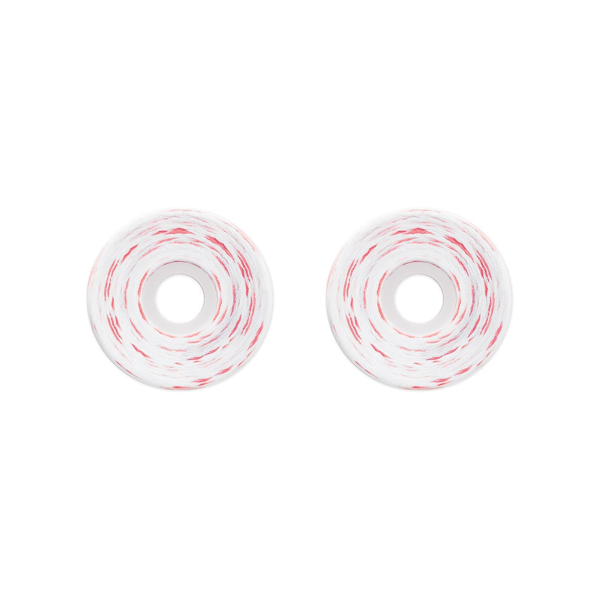 Two white skateboard wheels with red and white swirled tape, shown side-by-side on a plain white background.